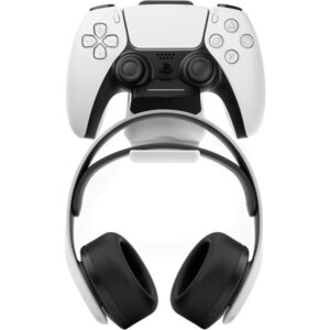 Závesný nabíjací dok FIXED pre ovládač DualSense PlayStation 5 s hákom pre slúchadlá, čierno-biely