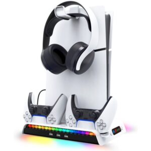 iPega P5S006 Multifunkčný Nabíjací RGB Stojan s Chladením pre PS5 Slim biely