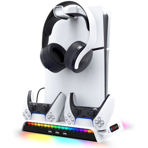 iPega P5S006 Multifunkčný Nabíjací RGB Stojan s Chladením pre PS5 Slim biely